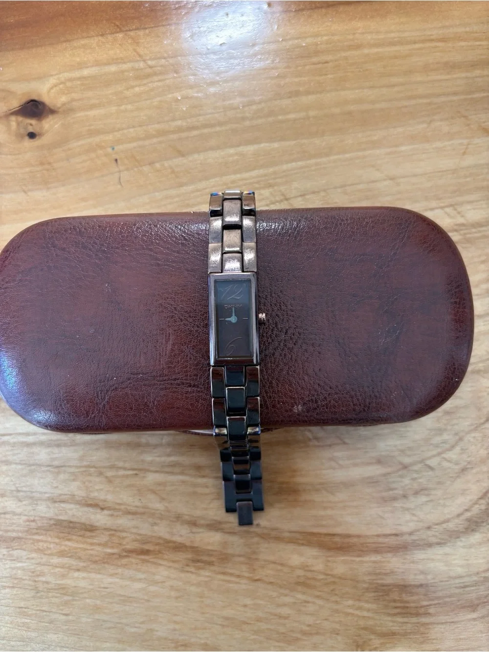 DKNY Brown Metal Link Bracelet Watch with Black Rectangular Dial